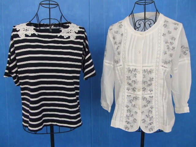【お買得!】★花柄トップス/Mサイズ2点セット★①HK WORKS LONDON/半袖Tシャツ/ボーダー柄・紺 ②Ladies Fashion/七分袖ブラウス/白拍卖