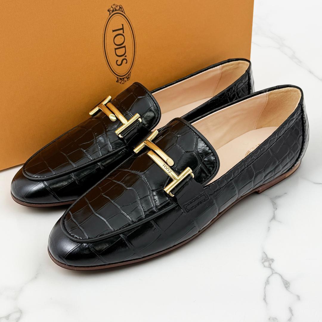 定価12万 【極美品】トッズ ローファー 革靴 モカシン フラットシューズ TOD'S tods クロコダイル クロコ型押し ダブルT 黒 ブラック 37 24拍卖