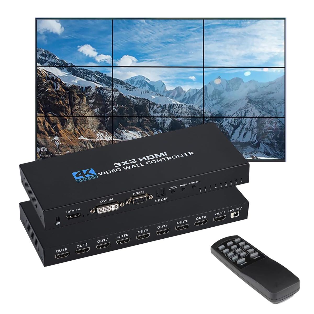 ③3x3 HDMI ビデオウォールコントローラー 4K x 2K 映像入力 9 出力 リモコン付き、縁消し、180°回転切り替え、13つのディスプレイモード拍卖