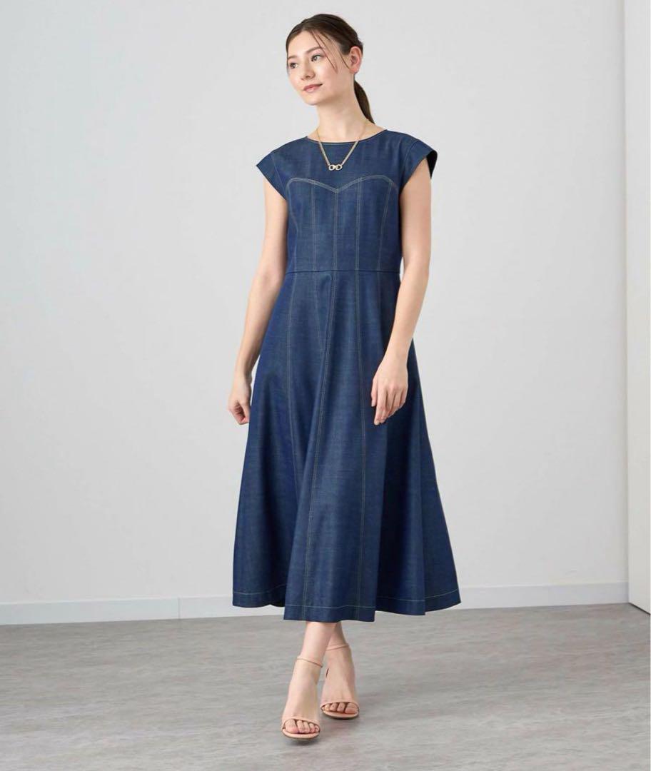 美品 ANAYI アナイ 24SS デニムライクフレアワンピース フレンチスリーブ 38拍卖