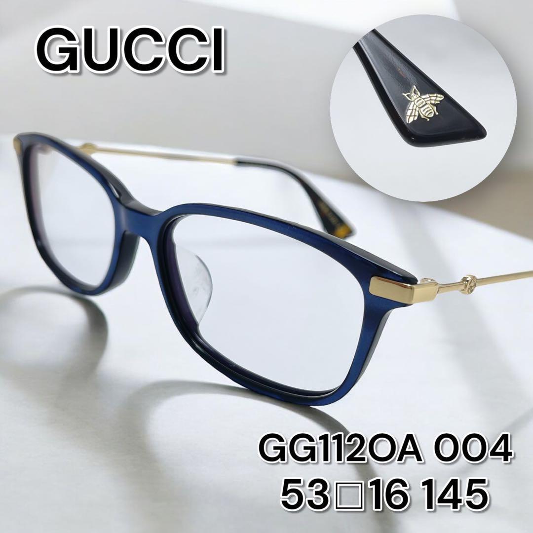 【極美品】GUCCI グッチ メガネ GG0112OA 004 53□16-145 眼鏡 GGロゴ 日本製 ウェリントン型 ブルー ゴールド 蜂 ビー拍卖