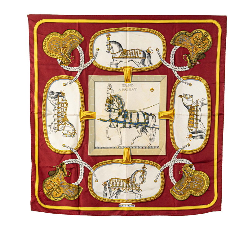 エルメス カレ90 GRAND APPARAT 盛装の馬 スカーフ ワインレッド マルチカラー シルク レディース HERMES 【中古】拍卖