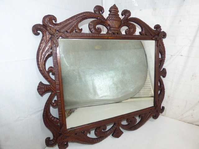 み319.木彫りフレーム ミラー 壁掛け 大きめ 彫刻 南国調 インテリア 拍卖