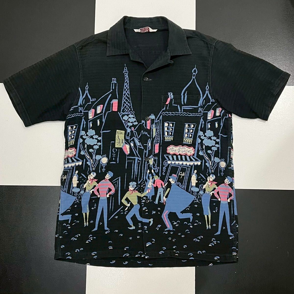 【280】 美品 STAR OF HOLLYWOOD PARIS オープンカラー アロハ シャツ M ブラック 黒 black スターオブハリウッド 東洋 aloha shirt拍卖