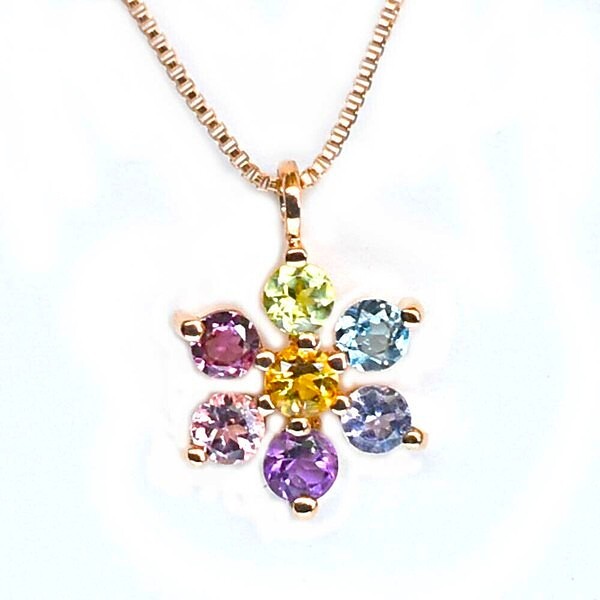 【10金ピンクゴールド】アミュレットネックレス|7色の天然石が幸運を運ぶ花型ペンダント拍卖