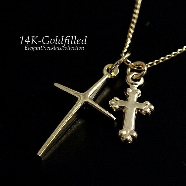 【14KGF】ゴールドクロスネックレス 十字架モチーフ 長喜平チェーン拍卖