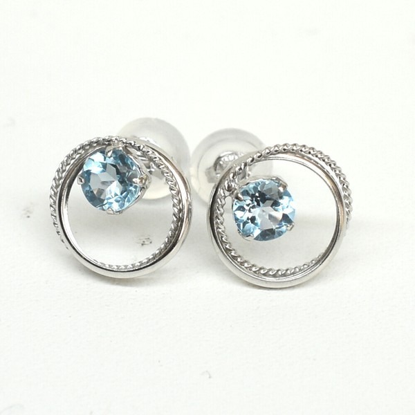 【K10WG】ブルートパーズピアス 2連サークル 天然石 ホワイトゴールド拍卖