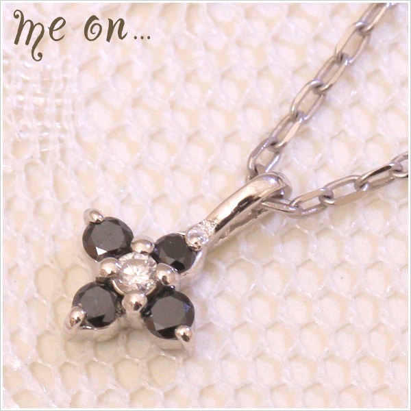 【10金】ブラックダイヤネックレス 花モチーフ 十字架クロス K10WG拍卖