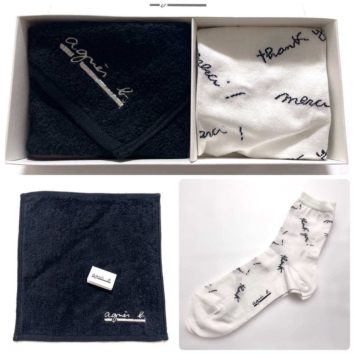 新品【 Agnes b. アニエス・ベー 】 紳士用 ソックス ハンカチ セット メンズ ブランド 日本製 靴下 はんかち 各1 ブラック ホワイト拍卖