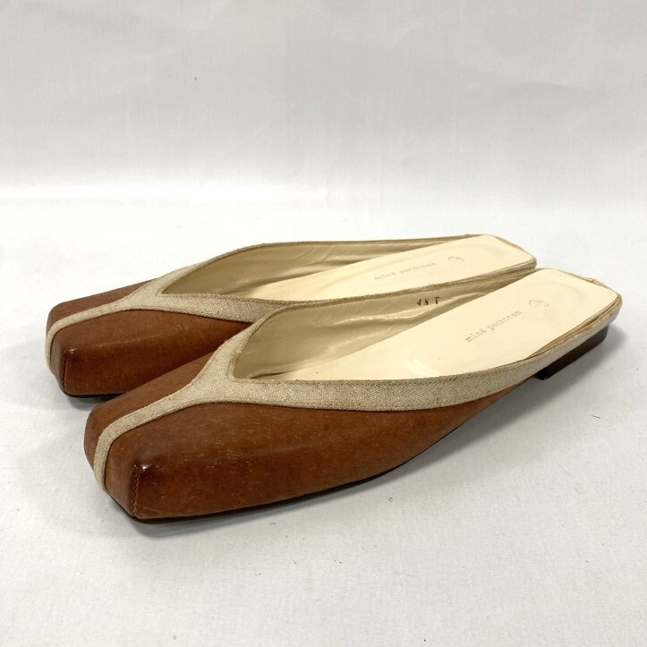 mina perhonen/ミナペルホネン/スクエアトゥ レザーミュール/サンダル/ウッドソール/サイズ 4 1/2 /ブラウン系拍卖