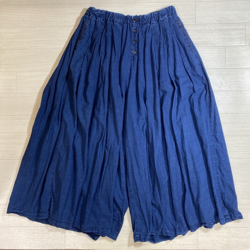Clip.tab/クリップタブ/インディゴシャンブレーボリュームロングキュロットパンツ/ワイドパンツ/ガウチョパンツ/先染めリネン/ウェストゴム拍卖