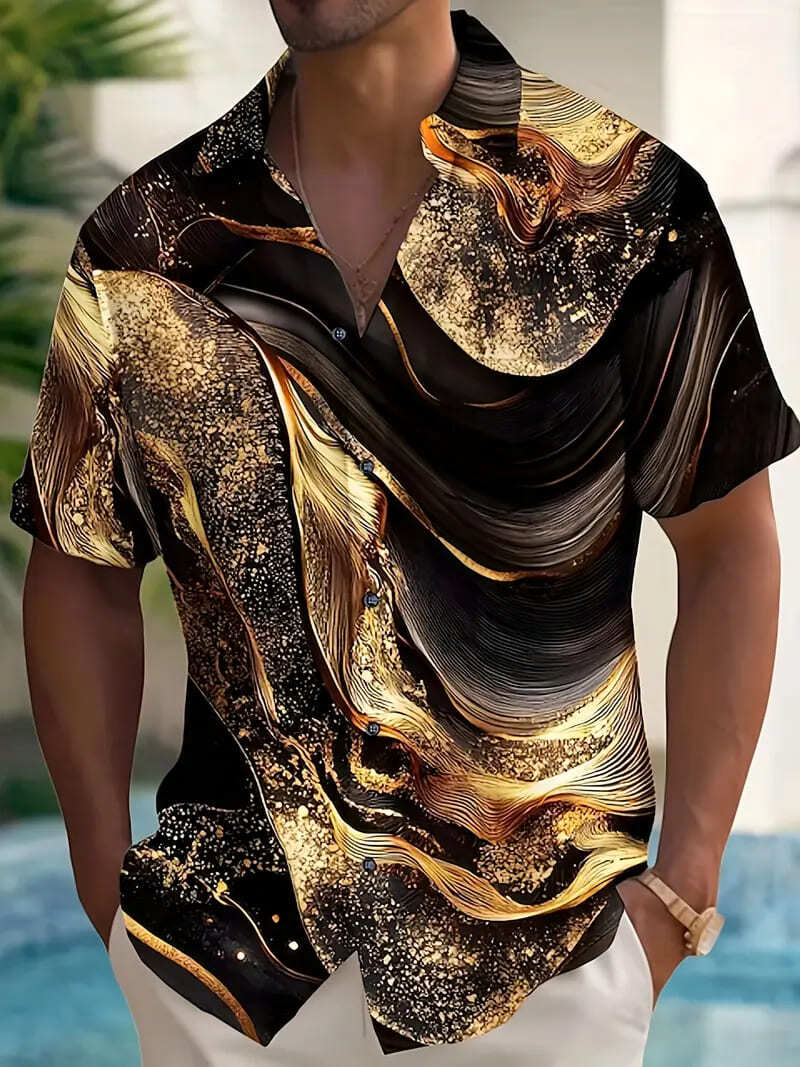 黒金マーブル柄 プリント 半袖シャツ アロハシャツ 317 柄シャツ ヤクザ ヤンキー オラオラ系 ストリート ホスト 服 メンズ ファッション拍卖