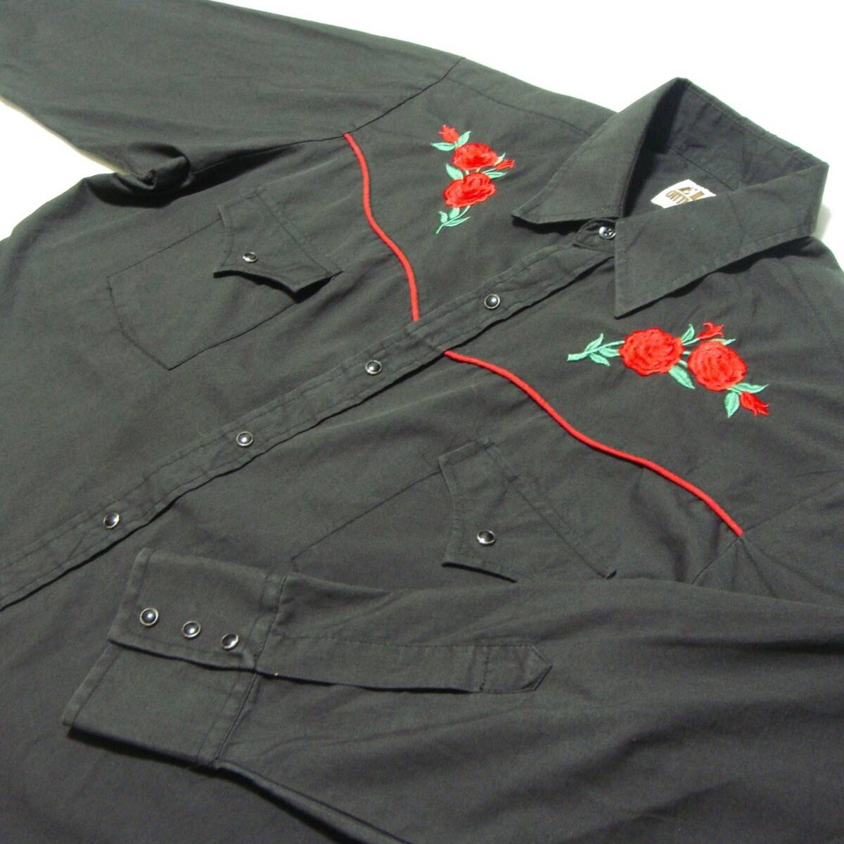 ■送料0 【 創業1878年 ELY 黒 赤薔薇 ^^ 刺繍入 ウエスタンシャツ XL 】ロック アメリカ USA古着 o6■ロカビリー ウエスタン 大量出品中拍卖