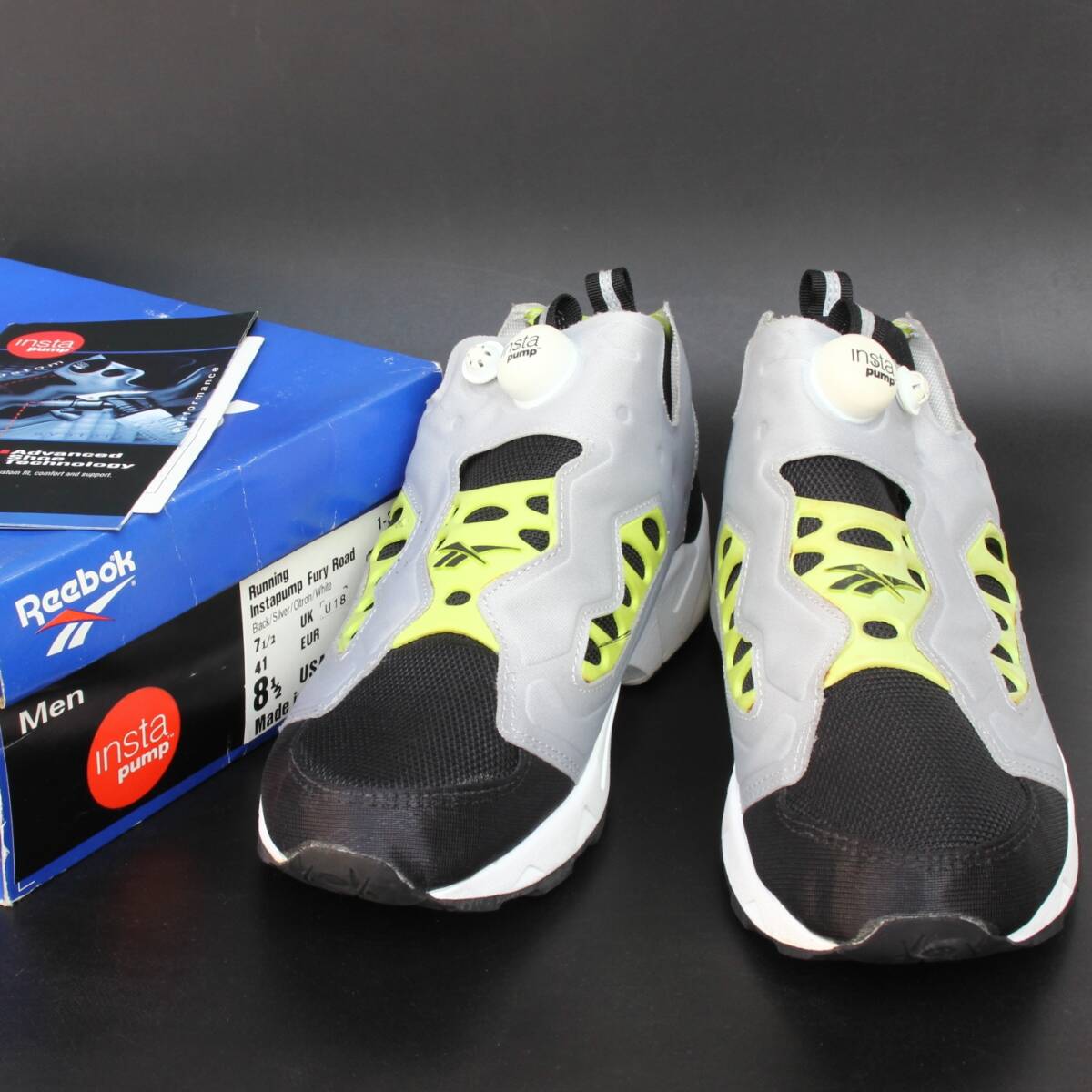 (33511)未使用デッドストックReebokリーボック35660インスタポンプ フューリーロードUS8.5約26.5cm(当時物オリジナル黒銀蛍光イエロー白)拍卖
