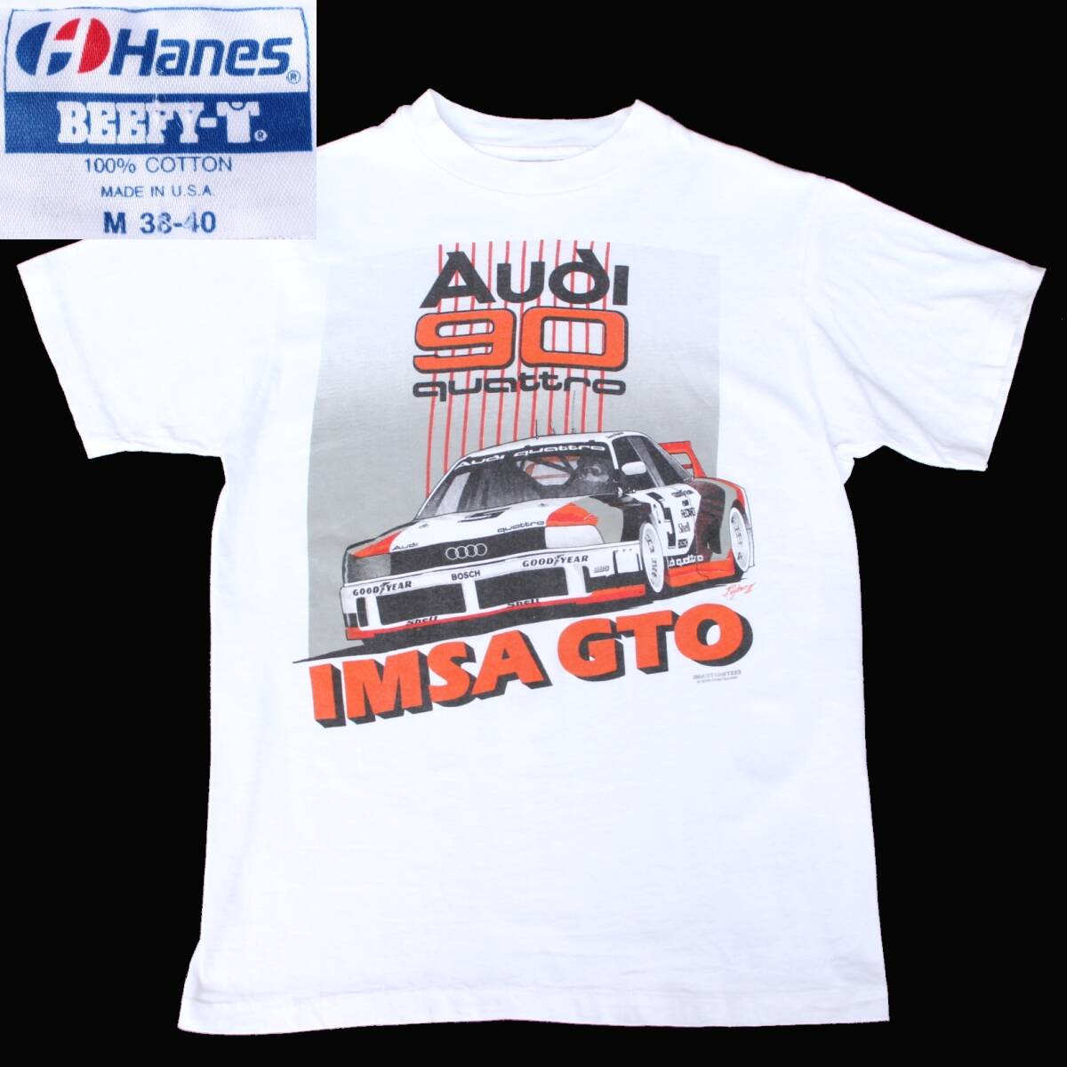 (51619)美品80s HanesヘインズUSA製TシャツAudi 90 quattro IMSA GTOアウディM (38-40) (アメリカ ヴィンテージ白ホワイト半袖クワトロ)拍卖