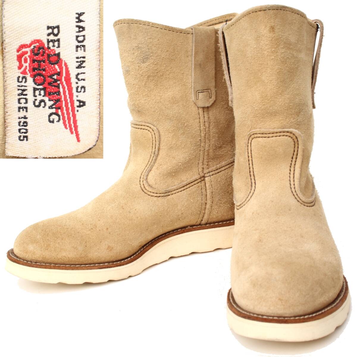 (51525)美品良品97年製REDWING8168レッドウィング7E 25cm(ペコスブーツ ラフアウト スエード刺繍羽タグ サイド羽タグ縦羽タグ ヴィンテージ拍卖