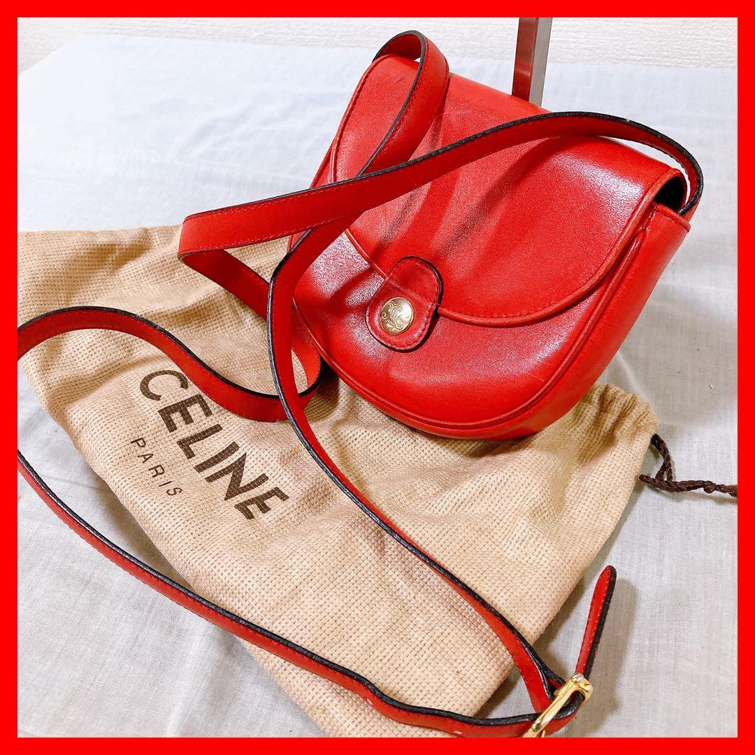 475 セリーヌ ショルダーバッグ 赤 ゴールド金具 マカダム トリンオフ拍卖