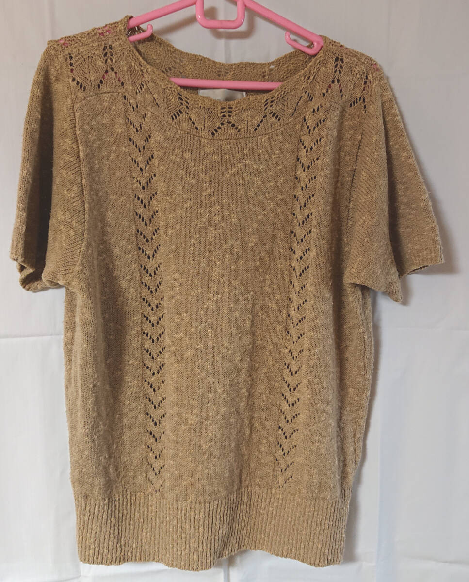 レディース 半袖 サマーニット 透かし編み ベージュ拍卖