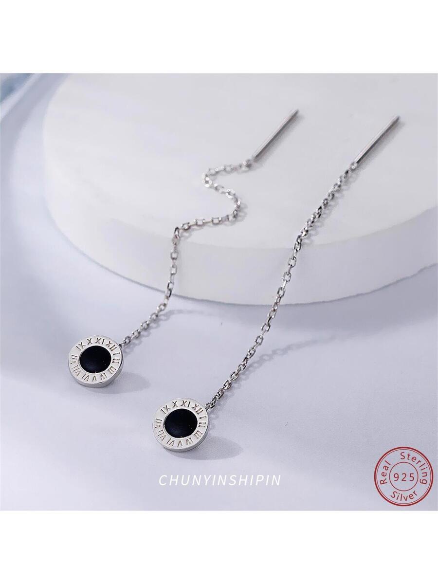 ジュエリー レディース イヤーアクセサリー 925スターリングシルバー 黒色の丸いローマ数字の長いピアス。ファッションミニマリスト拍卖