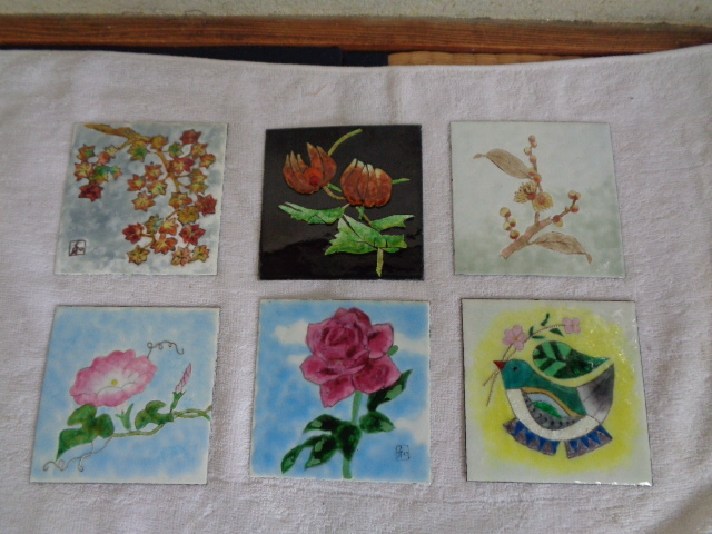 スチールプレート アート 花鳥 6枚/鉄板アート/正方形タイル型 鉄板絵画/朝顔・バラ・紅葉・梅に鶯?・ネコヤナギ?/作者不詳/未使用美品拍卖