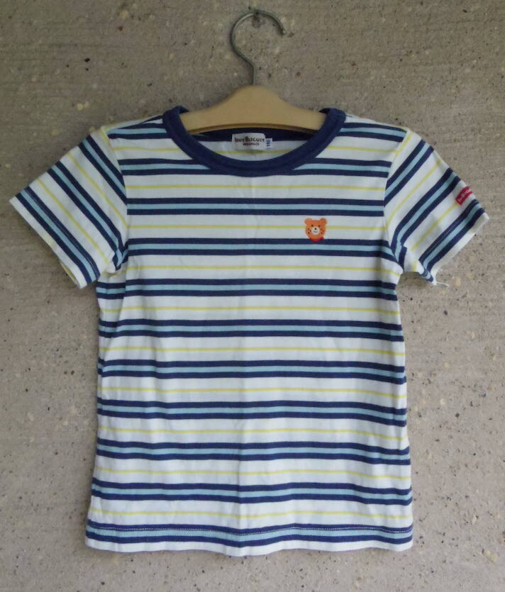 Hot Biscuits mikihouse ミキハウス Tシャツ ネイビー、ブルー、イエローのストライプ 110拍卖