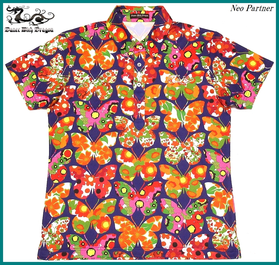 即決 極美品 Dance With Dragon ダンスウィズドラゴン ゴルフ 花柄 バタフライ 総柄プリント 吸汗速乾 半袖ポロシャツ 2 日本製 メンズ拍卖