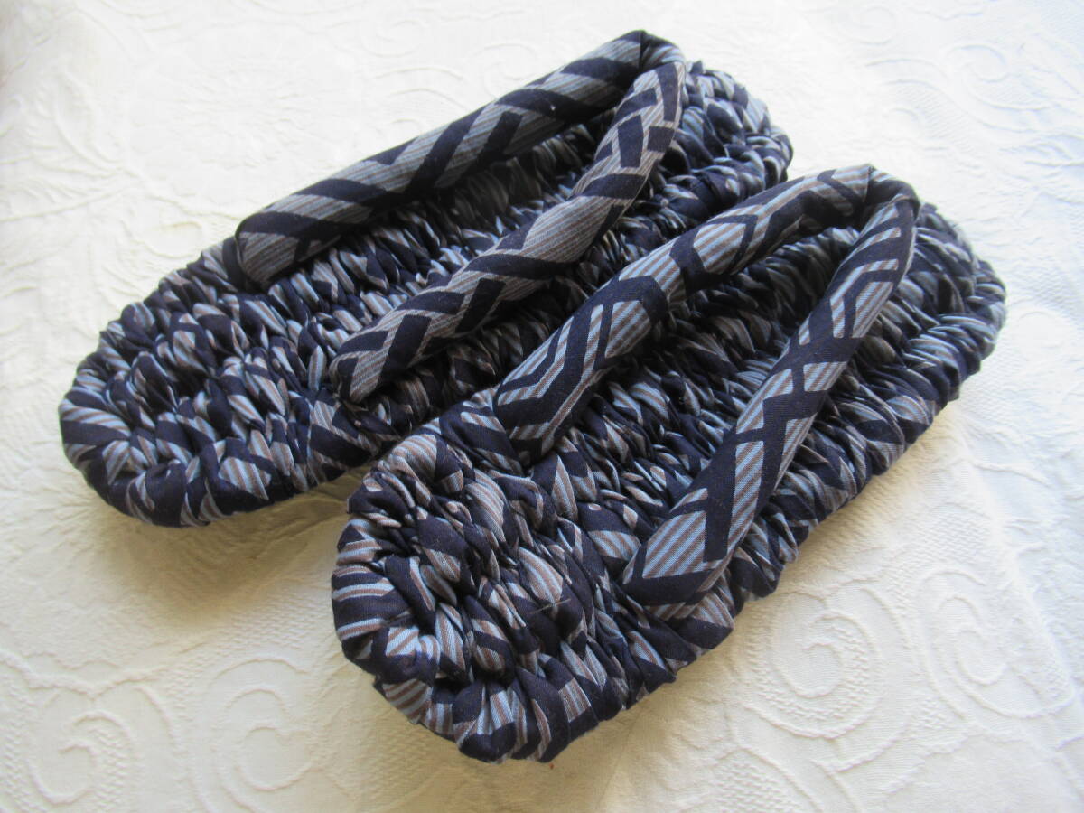 手作り 布草履 布ぞうり ストライプ地濃紺線の浴衣地 共布の鼻緒 27cm拍卖