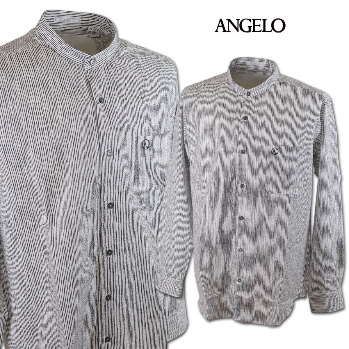 30%OFF【アンジェロ】メンズ 長袖シャツ M(46) 白×黒 51-1213-04-03 ANGELO スタンドカラー カジュアル おしゃれ かっこいい @拍卖