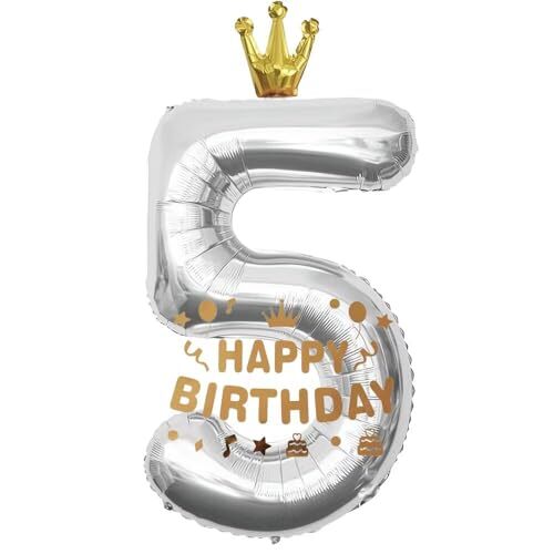 Vthoviwa 100CM バルーンアルミ5 ヘリウムクラウン風船数字バルーン5銀 0123456789 誕生日 カー拍卖
