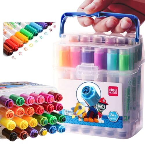 DELI 水性ペン 24色 アートマーカー 子供用の太い丸ポール 漫画シールペンキャップ スムーズな色の塗布 手を汚さず拍卖