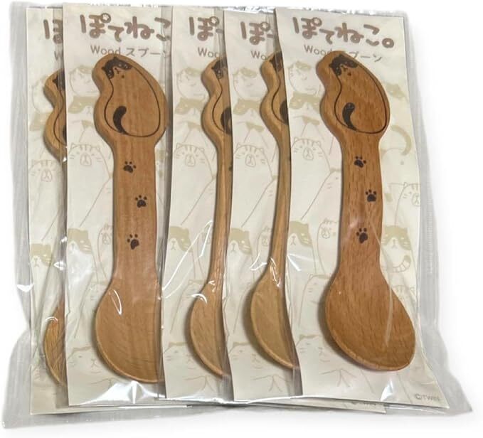 ★最終価格◎スプーン 天然木 ウッドスプーン 猫 5本 デザートスプーン 木製 キッチン用品 カトラリー 木製スプーン ぽてねこ 肉球拍卖