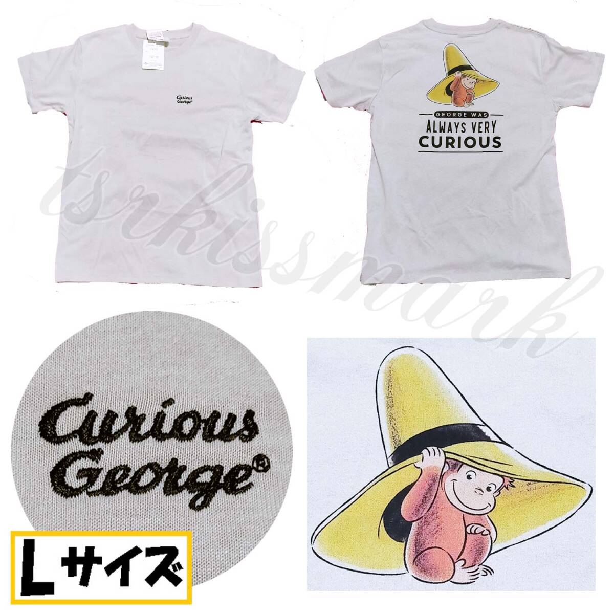 【Lサイズ】おさるのジョージ カーキライトグレー 半袖Tシャツ 丸首拍卖