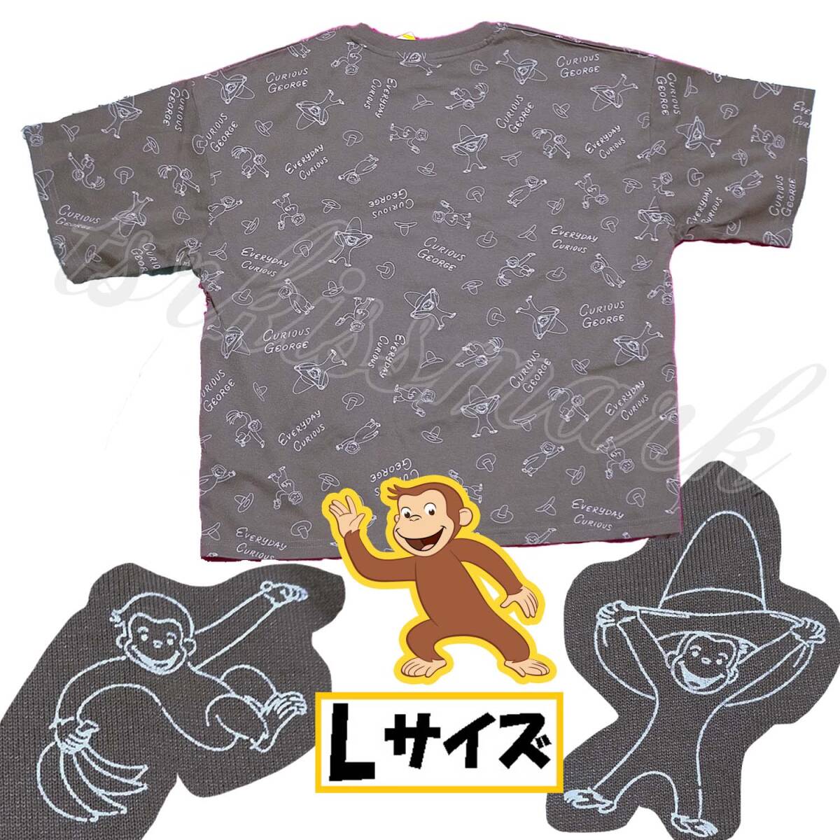 【Lサイズ】おさるのジョージ 総柄ブラウン 半袖Tシャツ 丸首拍卖