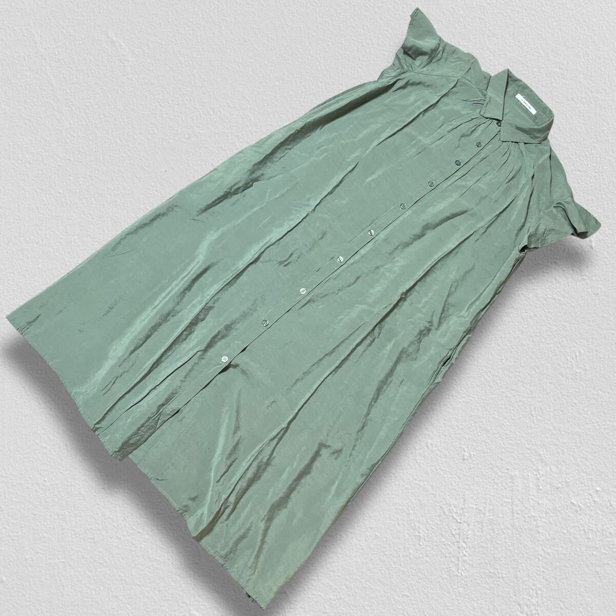 AS KNOW AS PINKY 半袖ロングシャツワンピース カーキグリーン フリーサイズ ●洗濯プレス済●ネコポス可● 袖フリル フェミニン 古着/386拍卖