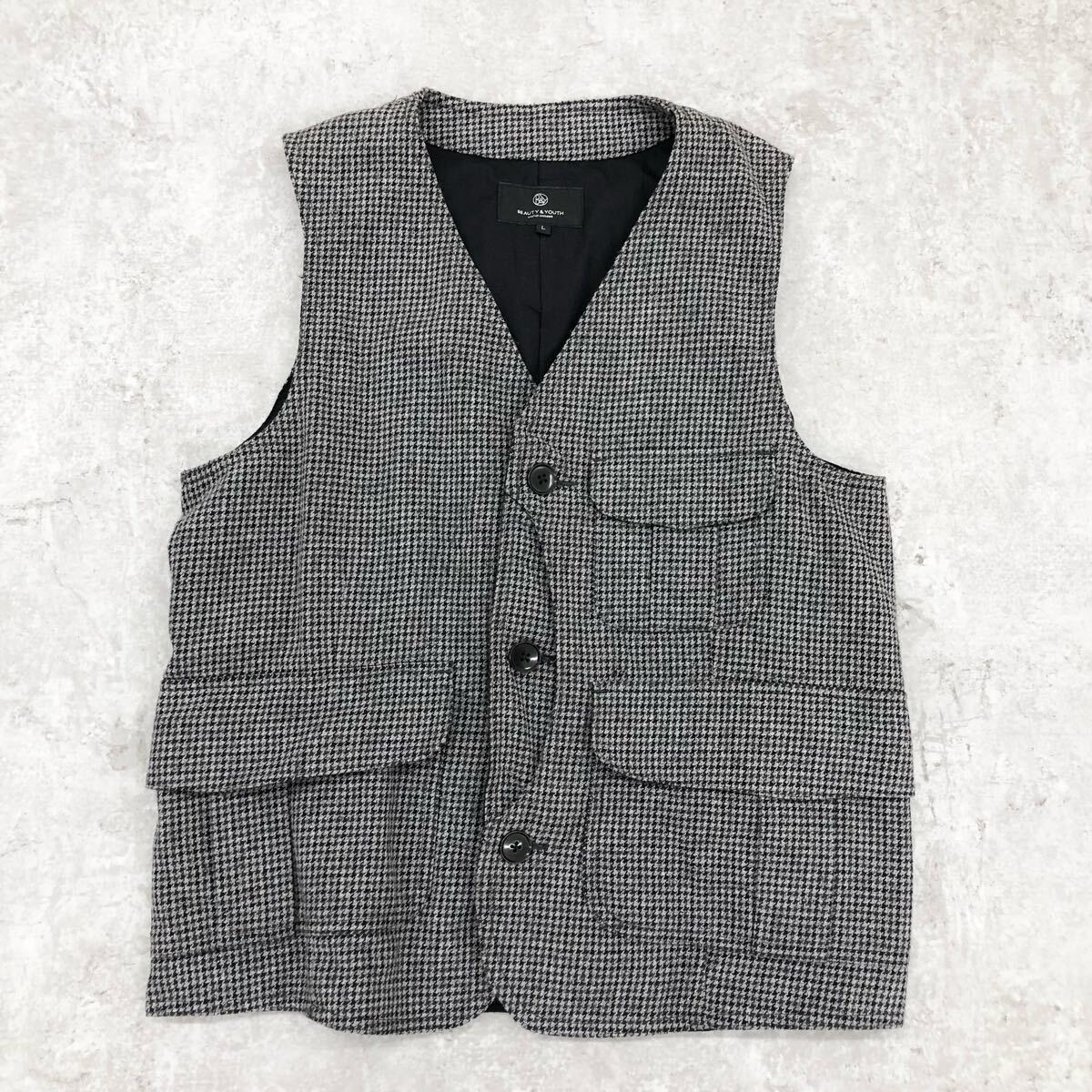 1766〓 BEAUTY & YOUTH UNITED ARROWS ビューティーアンドユース ユナイテッドアローズ ベスト メンズ サイズL グレー 千鳥格子柄拍卖