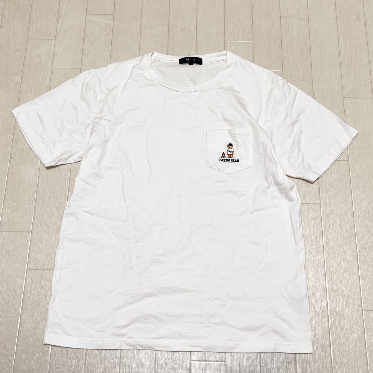 和761★ BEAMS HEART ビームスハート 半袖 Tシャツ TAKIBI BEAR 胸ポケットあり シンプル カジュアル M ホワイト メンズ拍卖