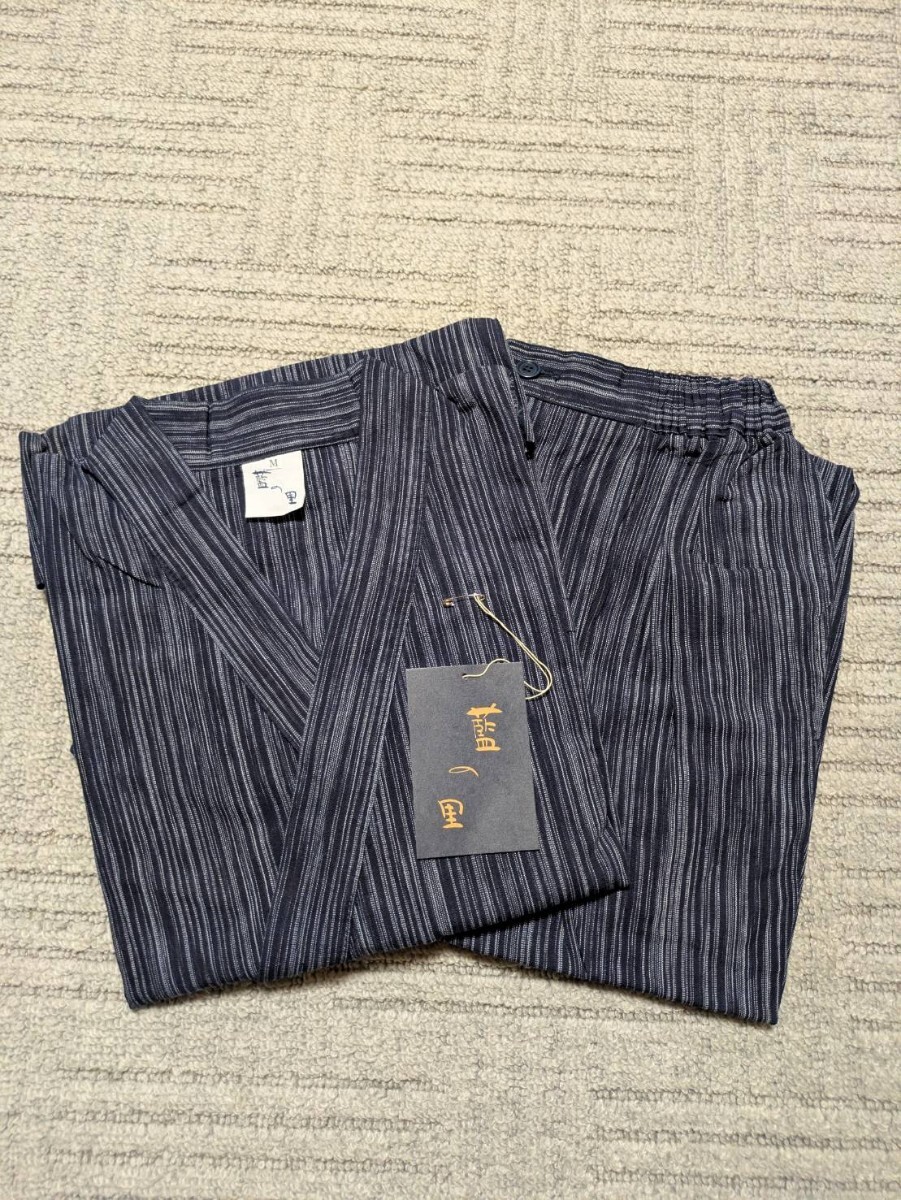 岡山 井原 日本製 藍の里 インディゴ 作務衣 上下セット Mサイズ 最高級 紺 和装 和服 甚平 法衣 袈裟 仏教 装束 仏具 威儀 職人 倉敷 拍卖