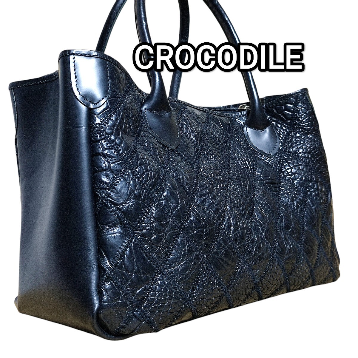 送料無料 クロコダイル パッチワーク ハンドバッグ ブラック トートバッグ ワニ革 エキゾチックレザー クロコ レザー バッグ BAG BLACK 黒拍卖