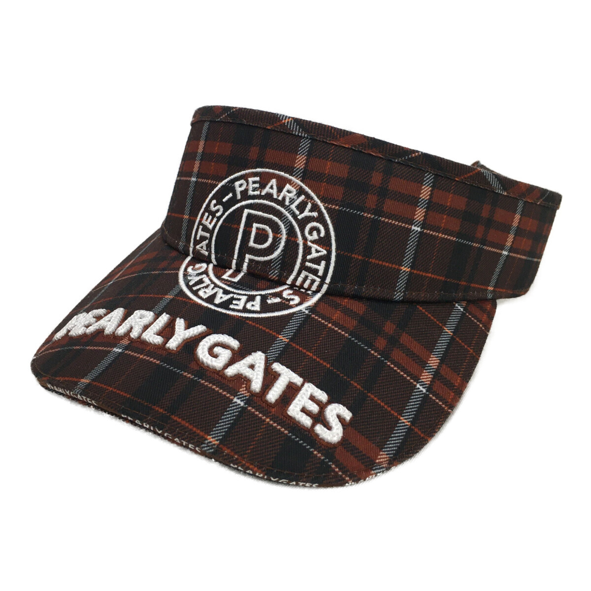coco 中古【値下げ】 パーリーゲイツ PEARLY GATES サンバイザー フリー 茶系 チェック サークルロゴ レターパックプラス発送可 K7986拍卖