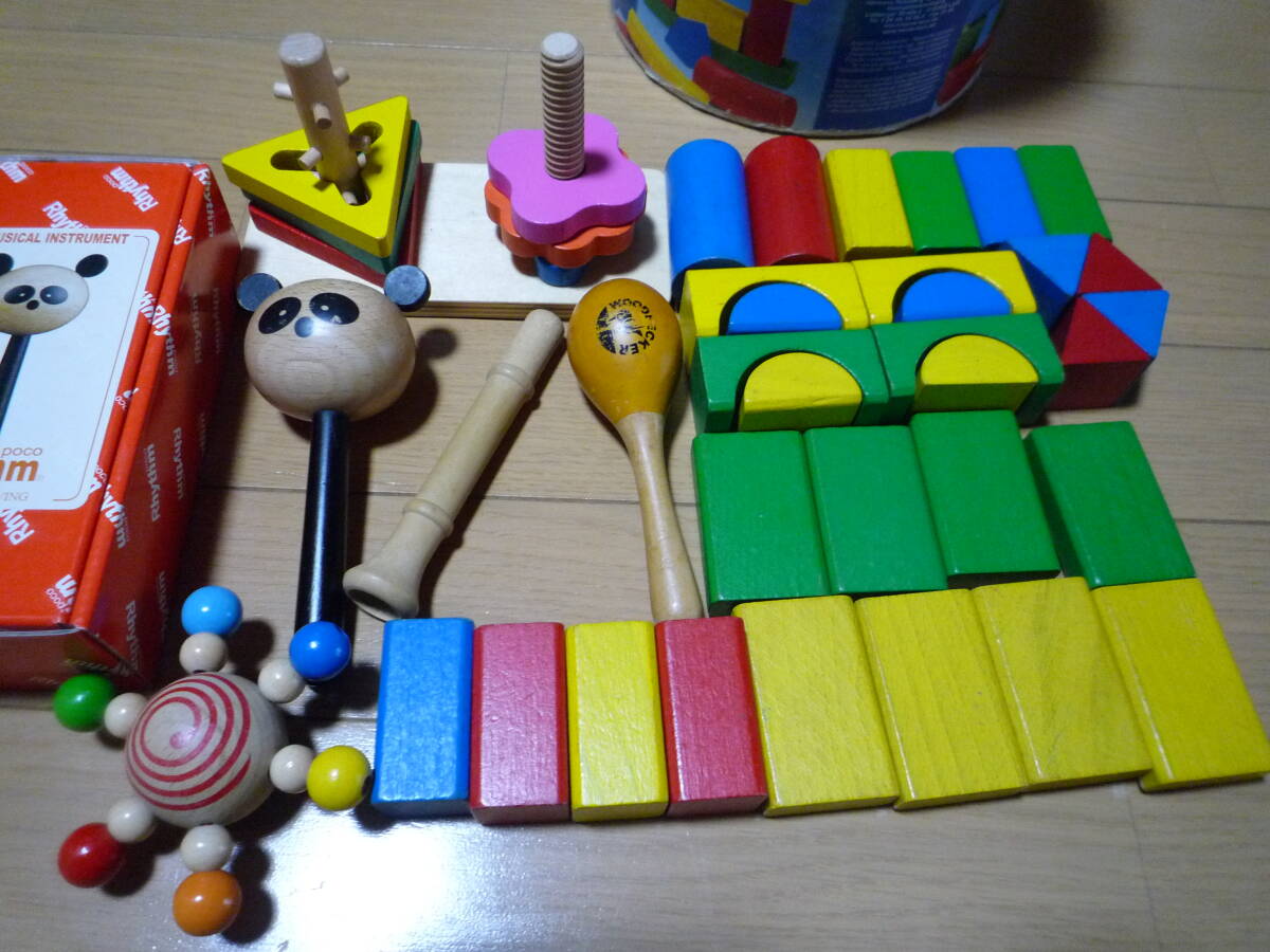 【中古】ベビー 木製玩具 木のおもちゃ まとめて 6点 セット★つみき ラトル こま★送料無料拍卖