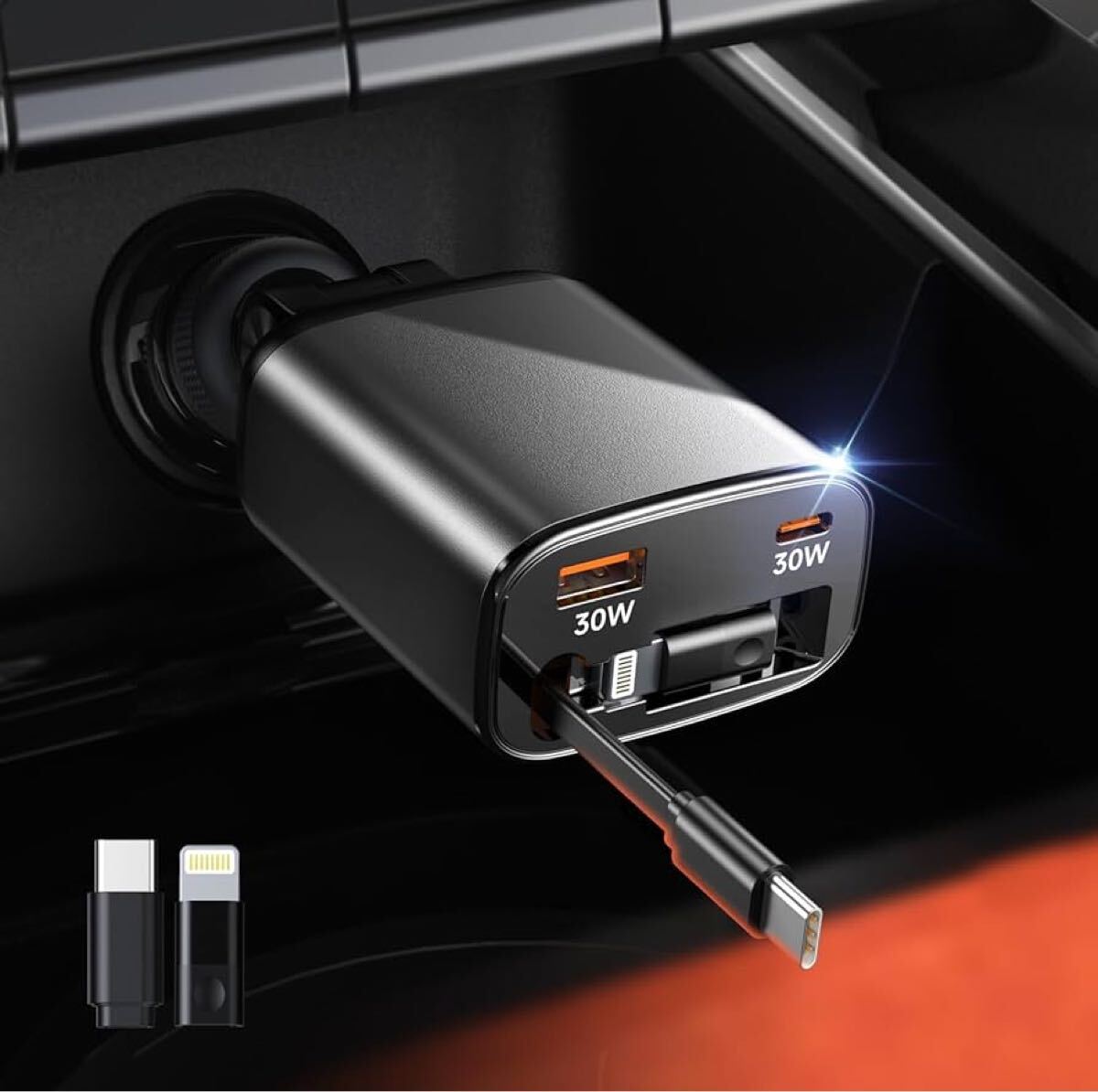 大特価 3台同時充電 車 充電器 巻き取り シガーソケット USB 急速充電 急速充電器 充電器 巻き取り式充電ケーブル 車 高速充電器 黒拍卖