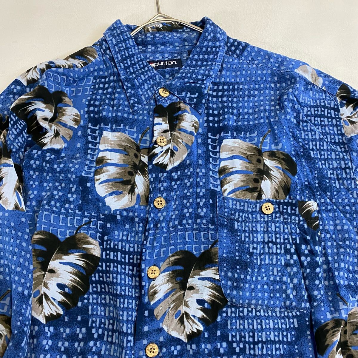 puritan ピューリタン 半袖シャツ XL 青系 リーフ柄 アロハシャツ 総柄 90s ビンテージ リゾートシャツ ボタニガル柄 メンズ 大きいサイズ拍卖