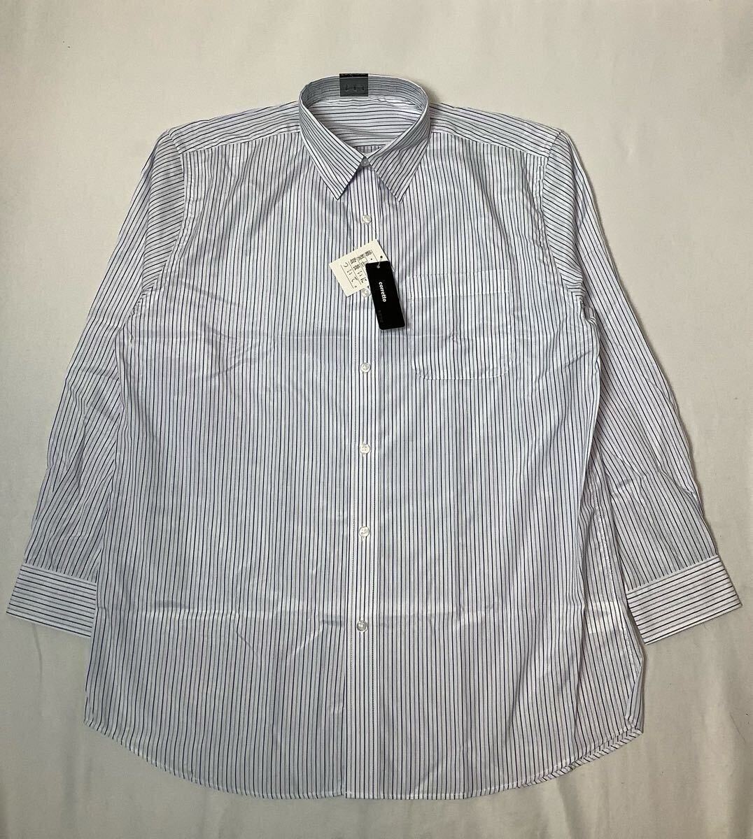 (未使用) corretto // 形態安定 長袖 ストライプ柄 シャツ ワイシャツ (白) サイズ 41-82 (L)拍卖