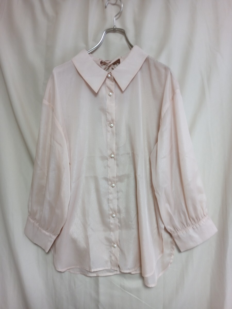 12741 ★★ 後ろリボン パールボタン シースルーシャツ ピンク系拍卖