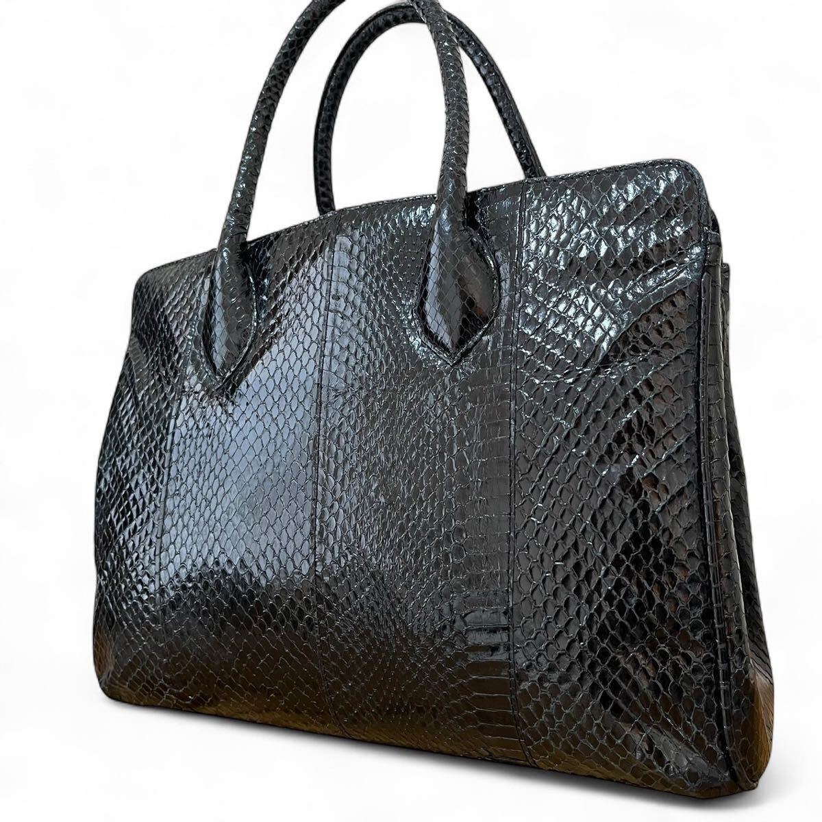 メンズ ハンドバッグ ビジネス パイソン型押し ブラック 黒 光沢感 通勤 通学 鞄 カバン レザー 多層拍卖