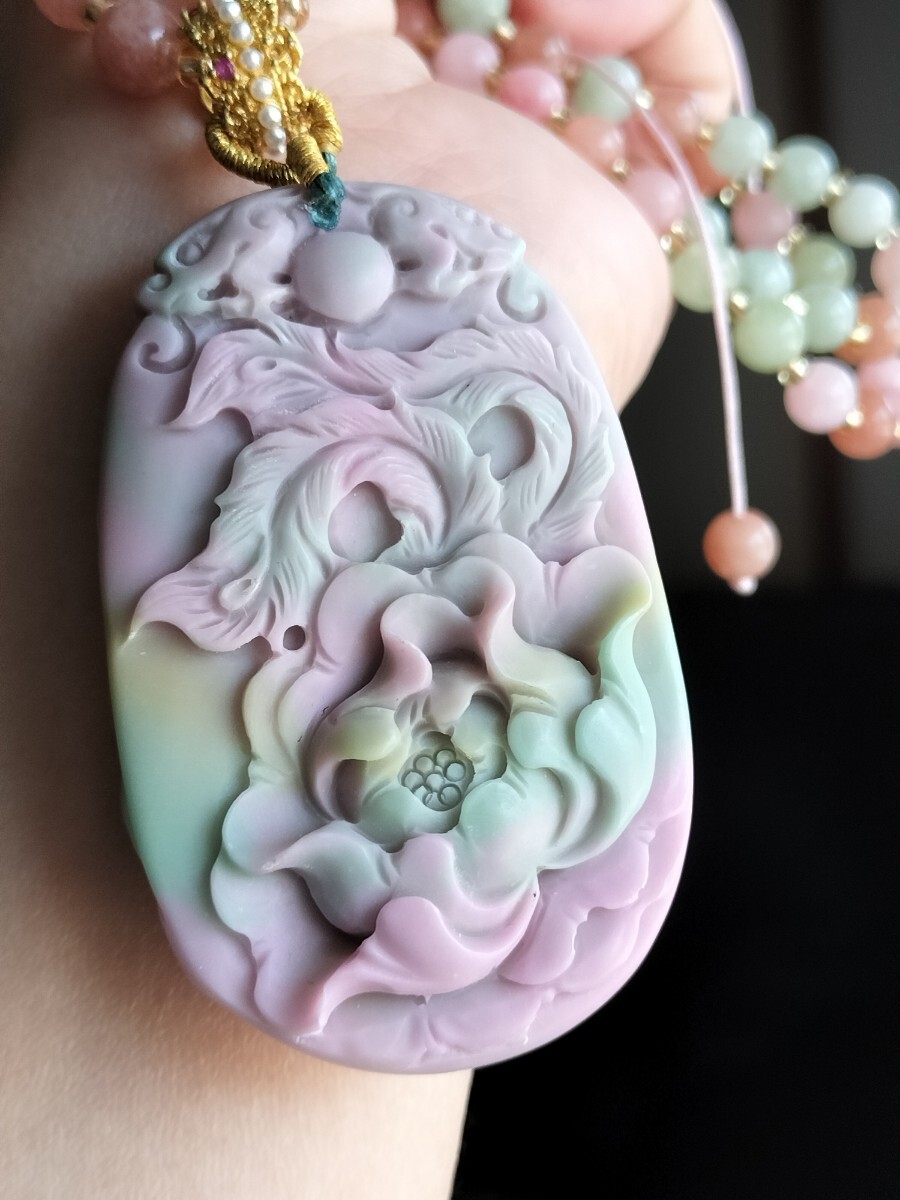 塩源瑪瑙 メノウ カルセドニー 天然石 牡丹鳳凰両面彫り ピンク ネックレス拍卖