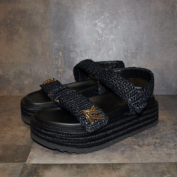 未使用・LOUIS VUITTON◇ルイヴィトン・LVサンセットライン 23年 ラフィア×レザー 厚底サンダル◇37サイズ SC0233拍卖