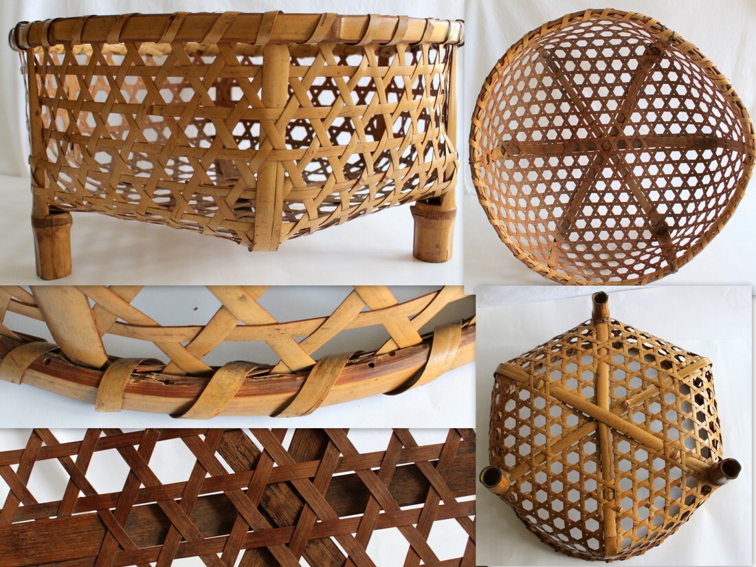 1364/中古・複数虫喰いあり!/竹細工 足付き洗い物かご 1個 直径45cm 高さ:21.5cm ★水切り籠 竹製 竹ザル 竹ざる 竹籠 深ざる 椀籠拍卖