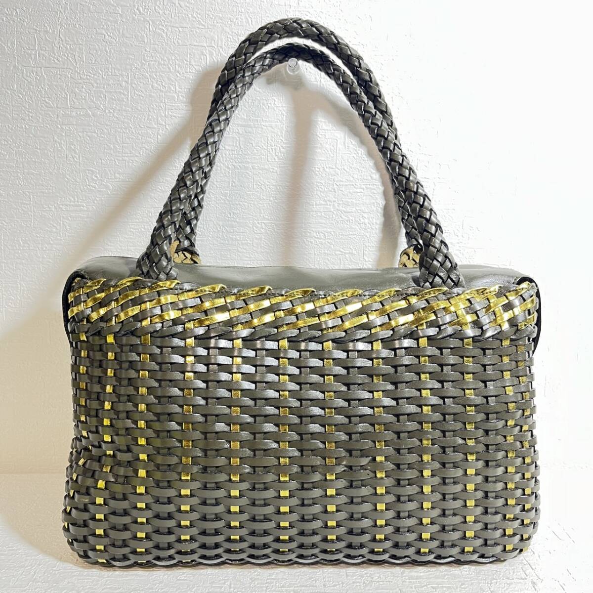 GENUINE LEATHER ジェニュイン カゴ メッシュ ショルダーバック カーキ × イエロー拍卖