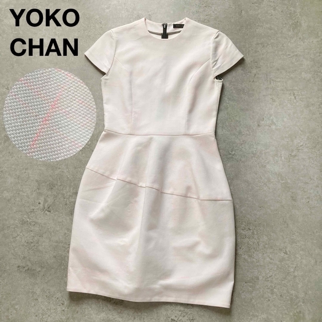 *ヨーコチャン ひざ丈フレアワンピース コクーン コットン フレンチスリーブ 格子チェック ホワイト ピンク 38サイズ YOKO CHAN拍卖